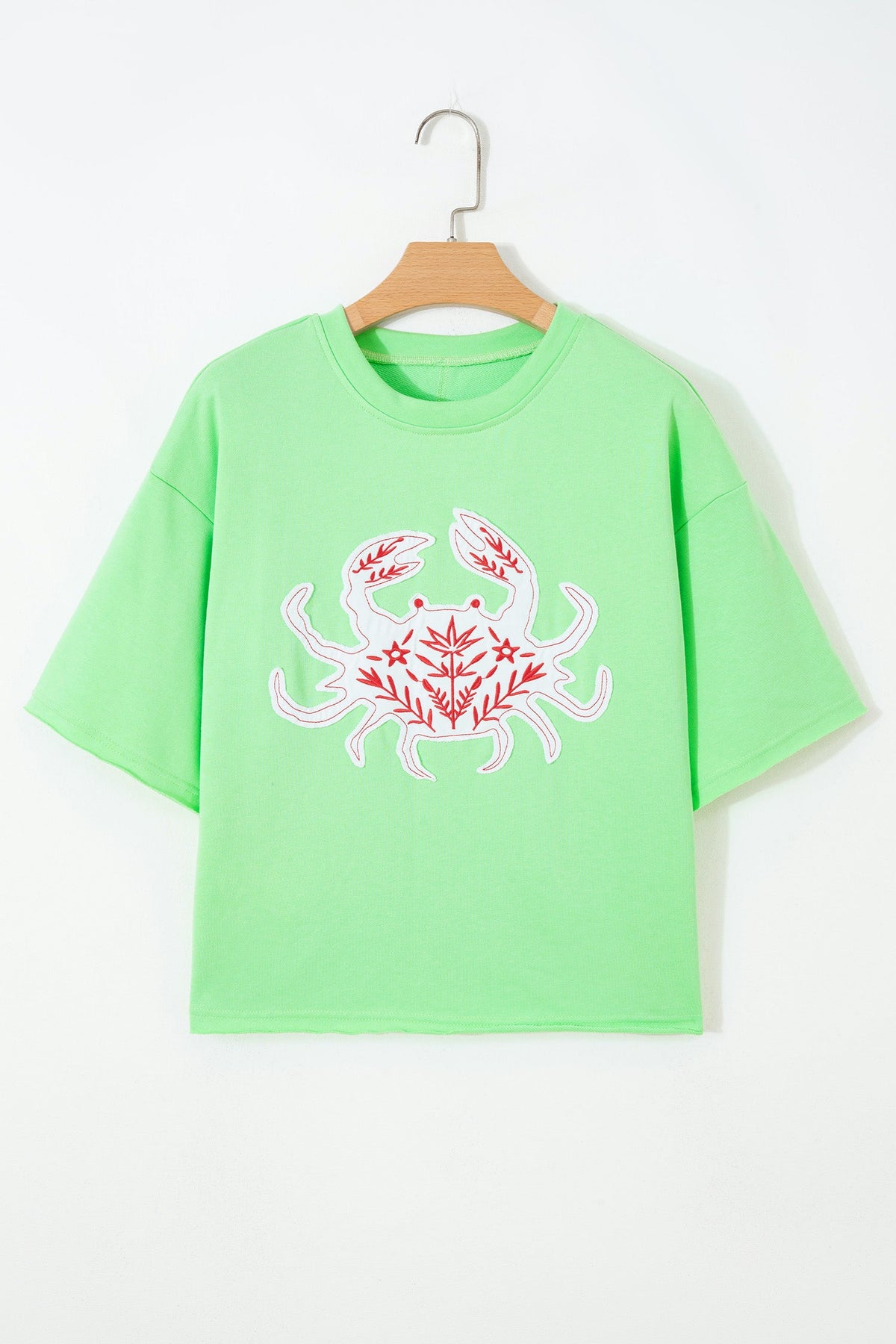 Crab Embroidered Patch Loose Round Neck Tee