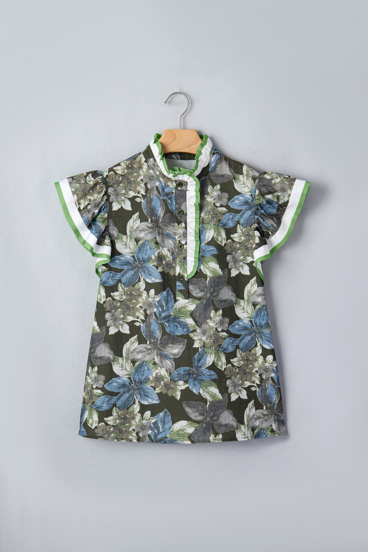 Floral Ruffle Short Sleeve Half Buttoned Blouse