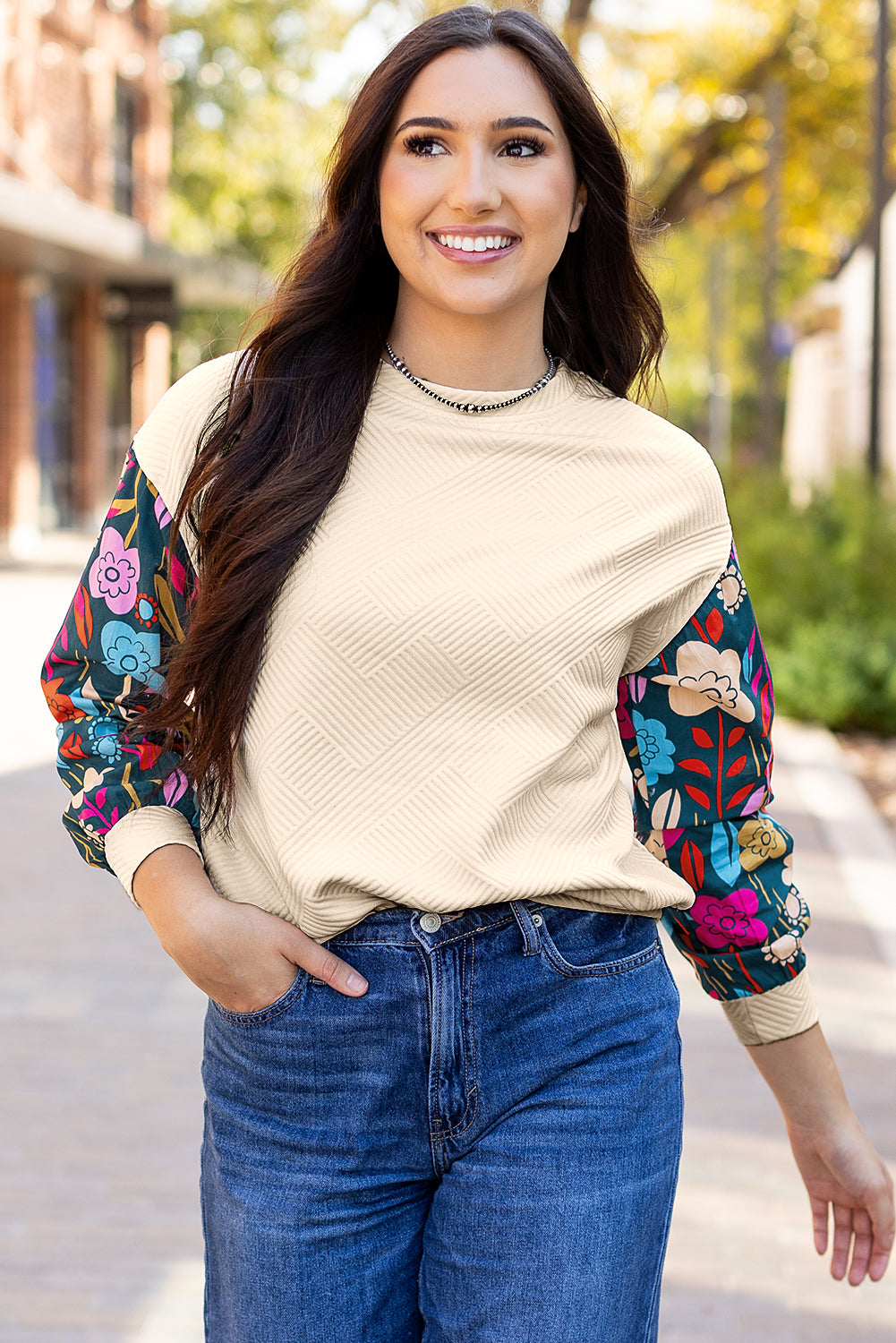 Floral Sleeve Textured Knit Drop Shoulder Top