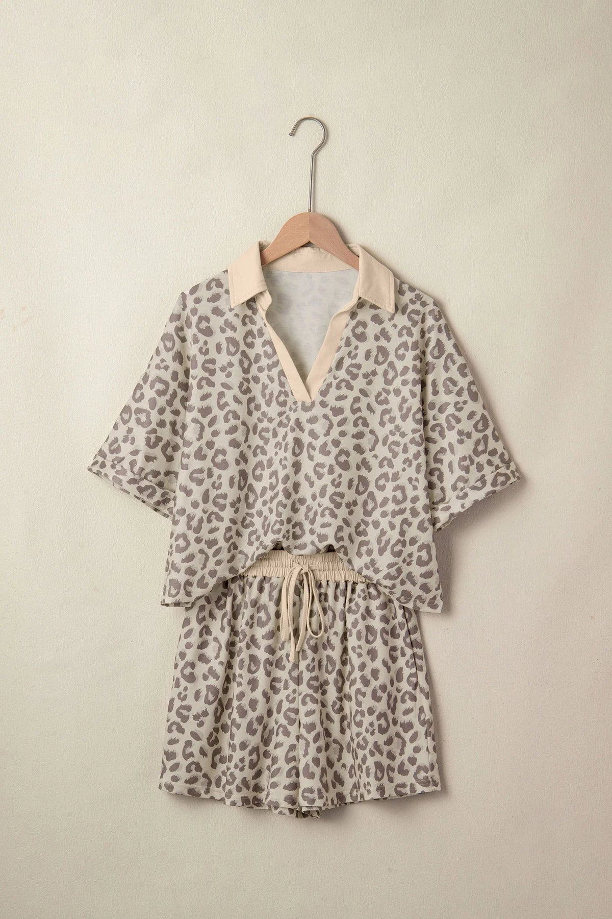 Leopard Collared V-Neck Top & Shorts Set