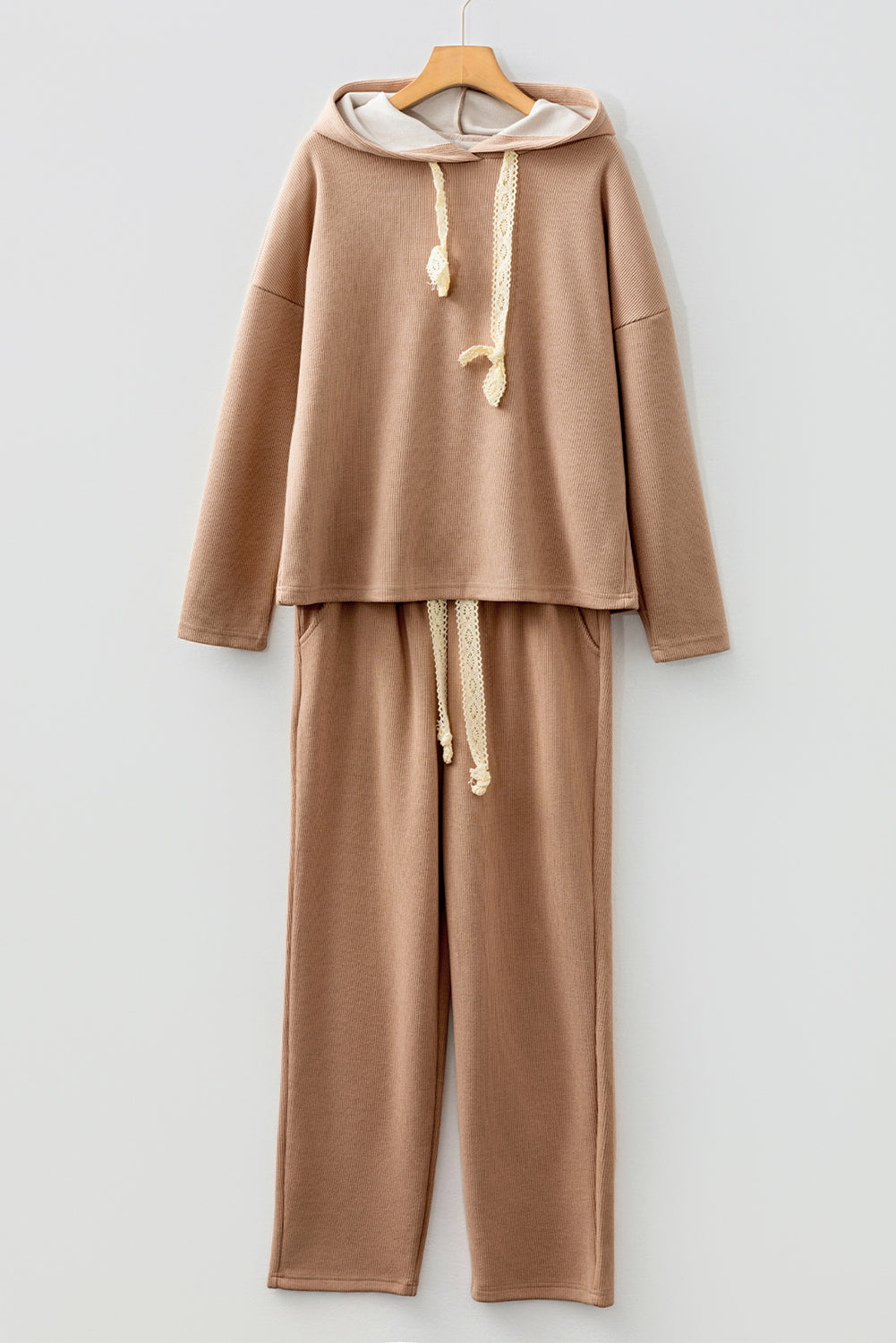 Solid Corduroy Contrast Drawstring Hoodie & Pants Set