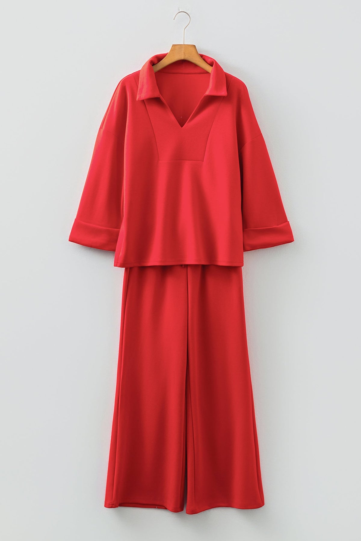 Solid V-Neck Pullover and Drawstring Pants Set
