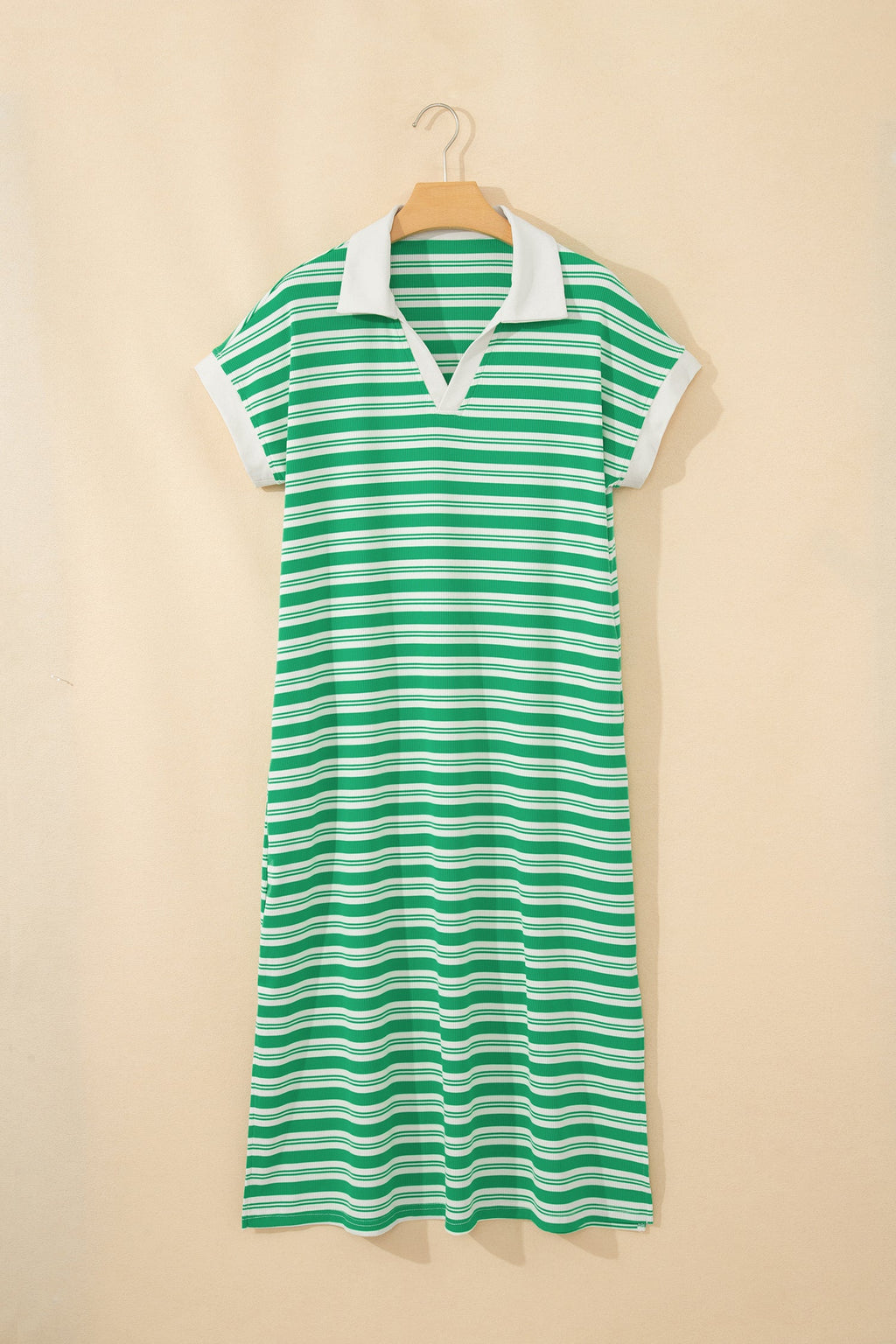 Stripe Collared V-Neck Short Sleeve Midi Dress