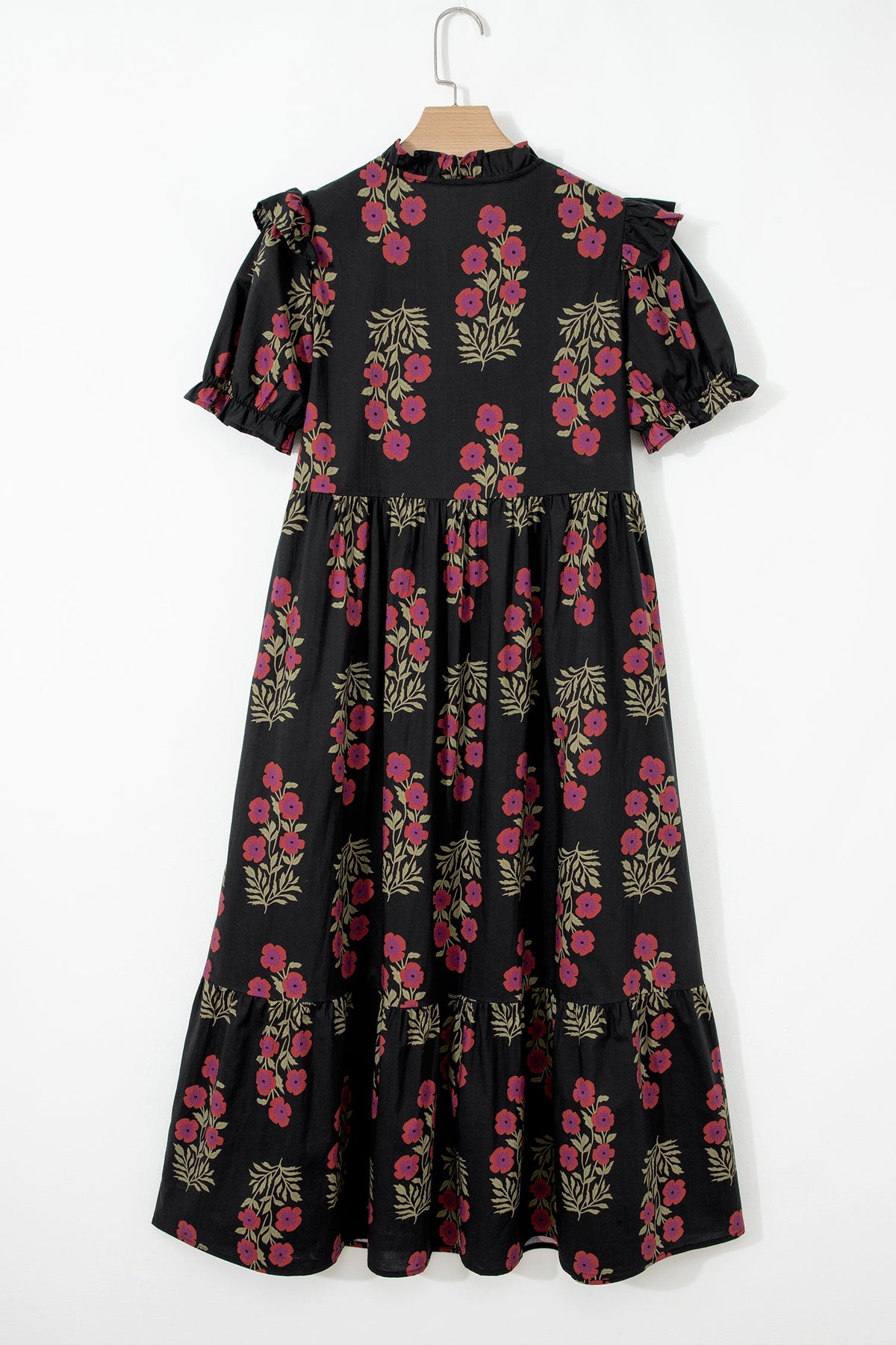 Floral Bubble Sleeve Tiered Maxi Dress