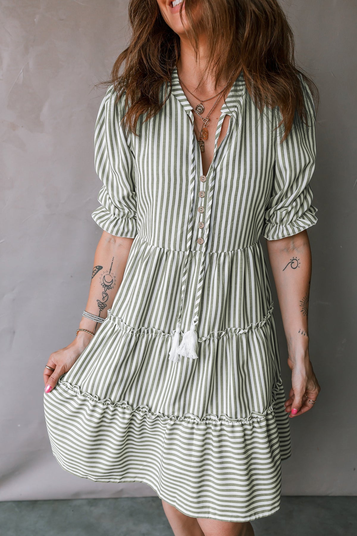Stripe Tassel Tie-Neck Ruffle Tiered Dress