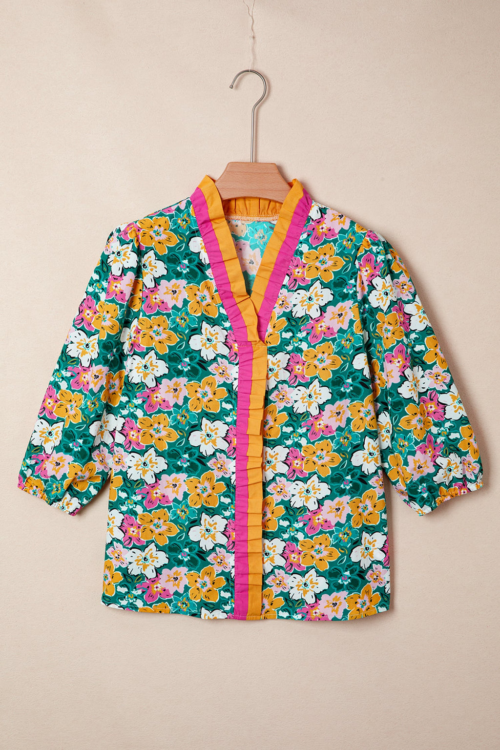 Floral Frilled V-Neck 3/4 Sleeve Blouse