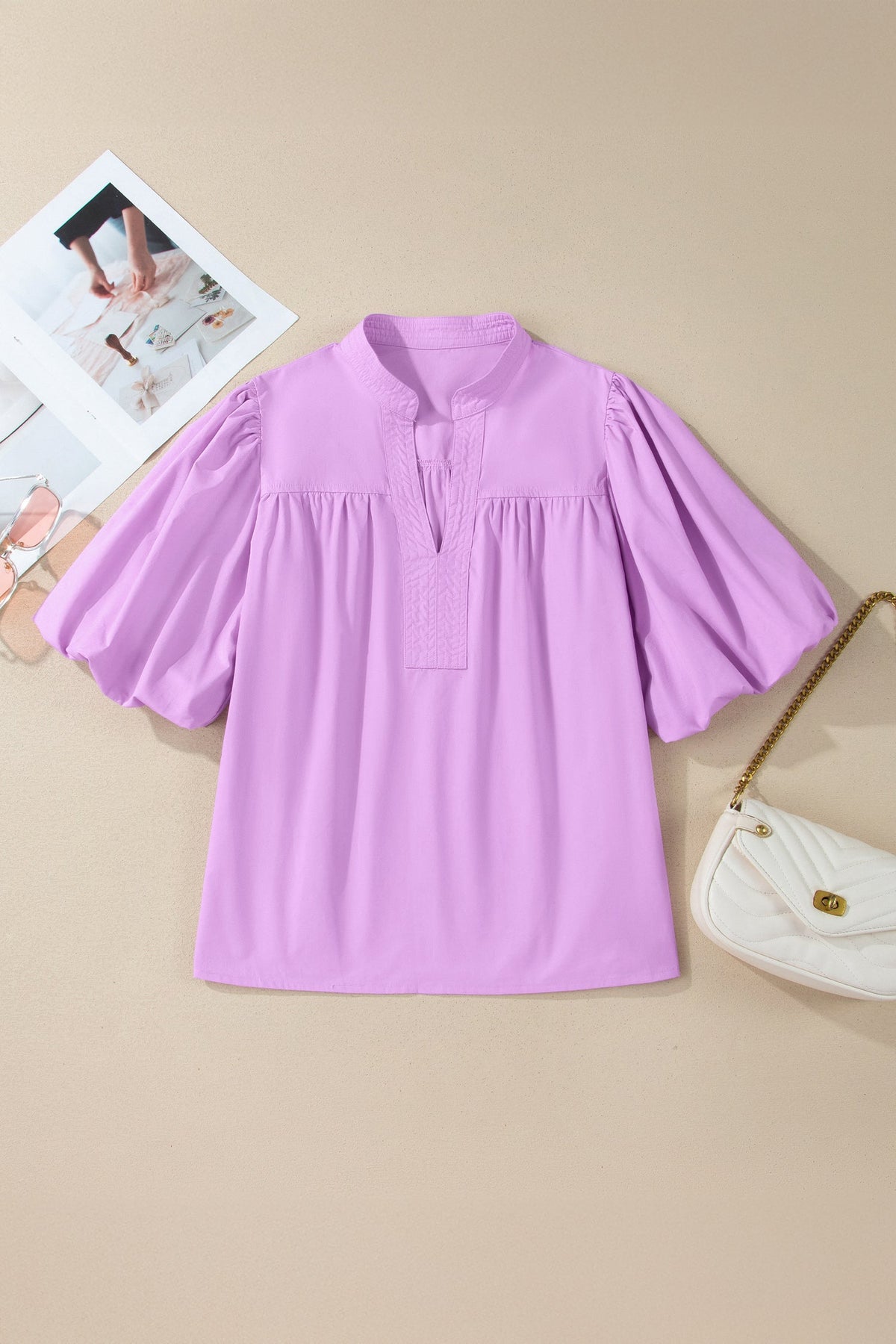Solid Stitched V-Neck Short Puff Sleeve Blouse
