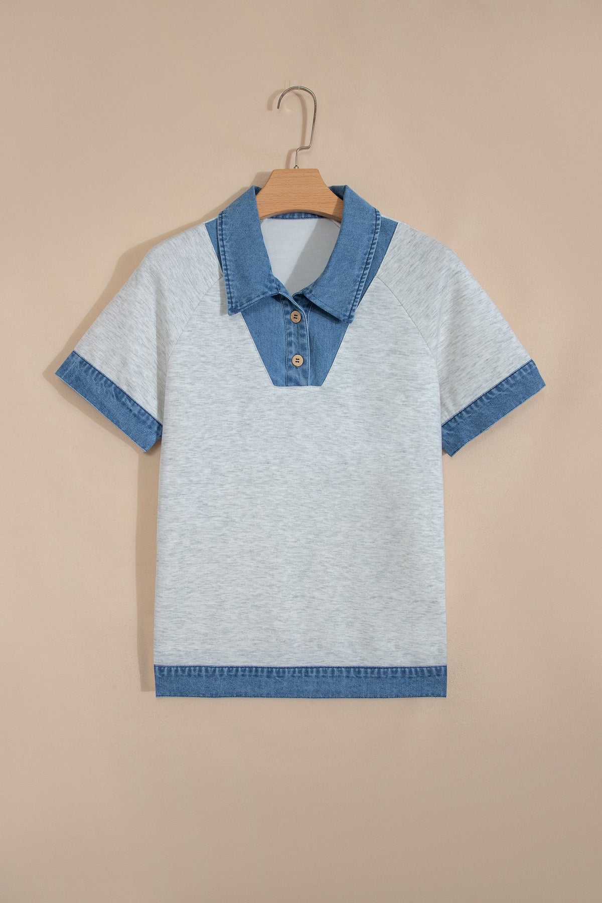 Denim Contrast Collar Cuffed Short Sleeve Top