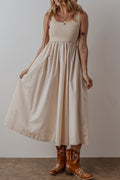 Solid Scoop Neck Ribbed Bodice Pleated Maxi Dress