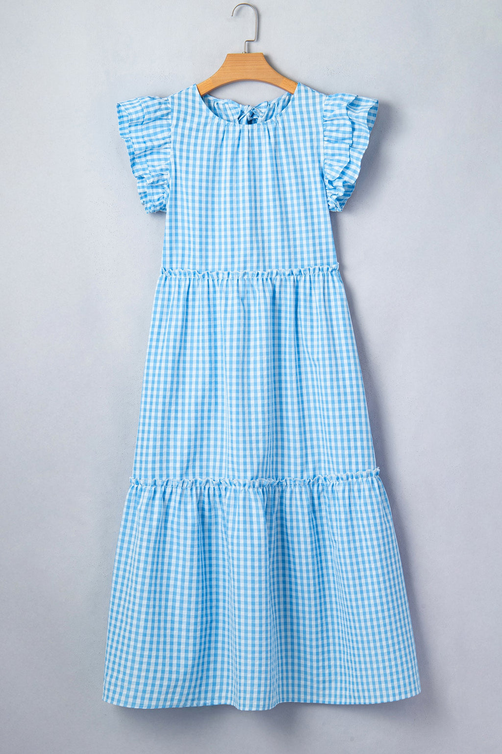 Gingham Knot Back Ruffle Short Sleeve Maxi Dress