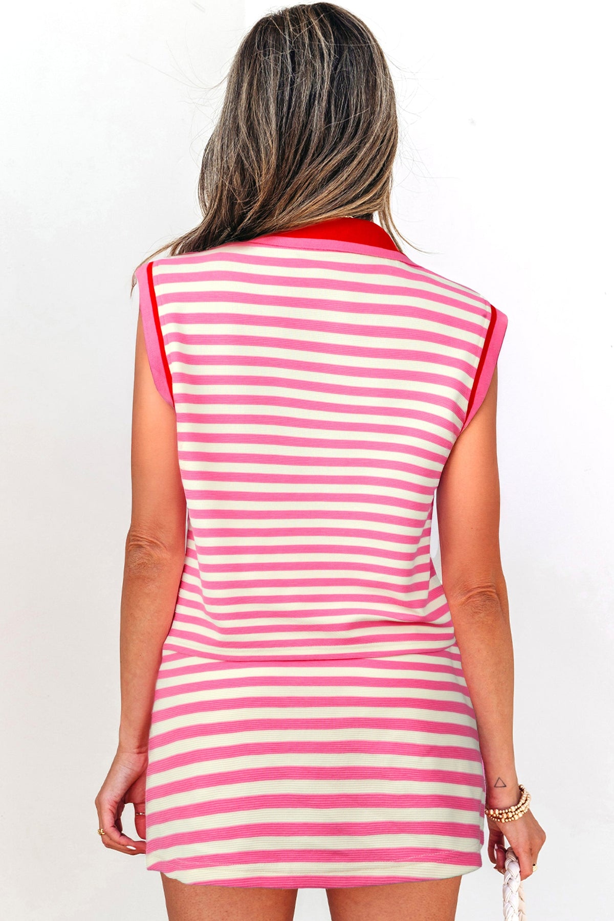 Stripe Textured Zip Collar Top & Skort Set