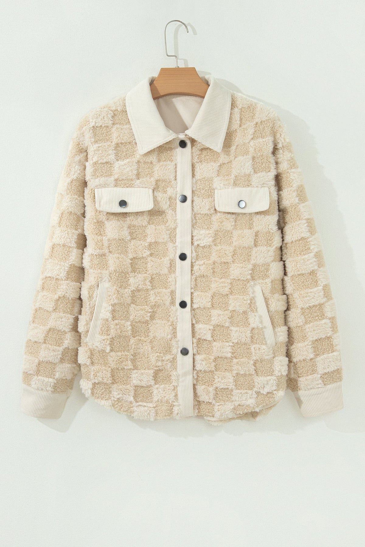 Checker Plush Fleece Corduroy Trim Buttoned Shacket