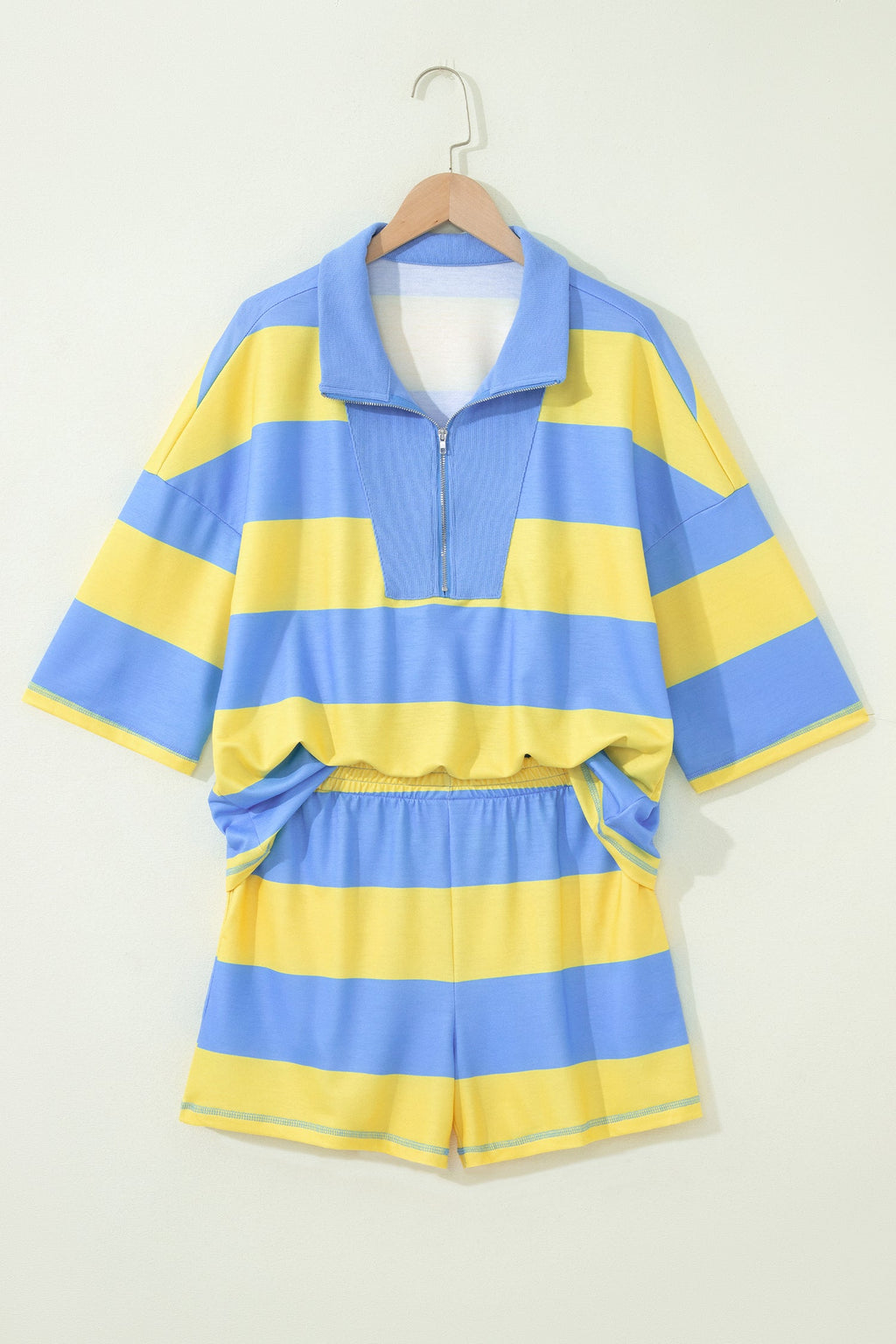 Stripe Half Zip Tee & Elastic Shorts Set