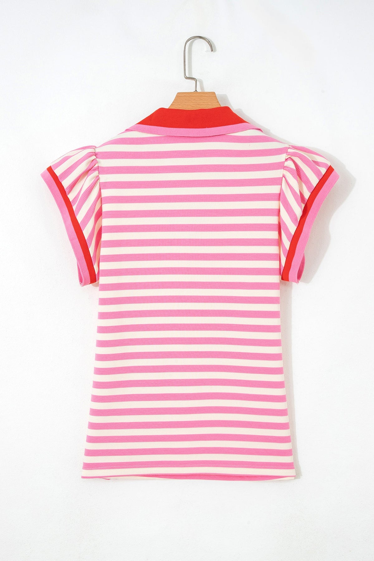 Stripe Contrast Trim Polo Collar Ruffle Sleeve Blouse