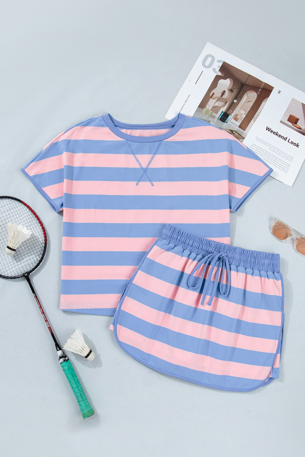 Stripe Dolman Tee & Drawstring Skort Set