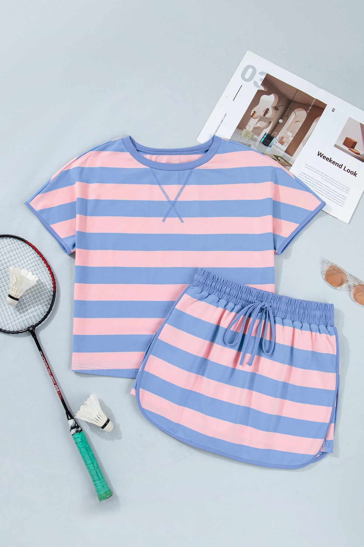 Stripe Dolman Tee & Drawstring Skort Set