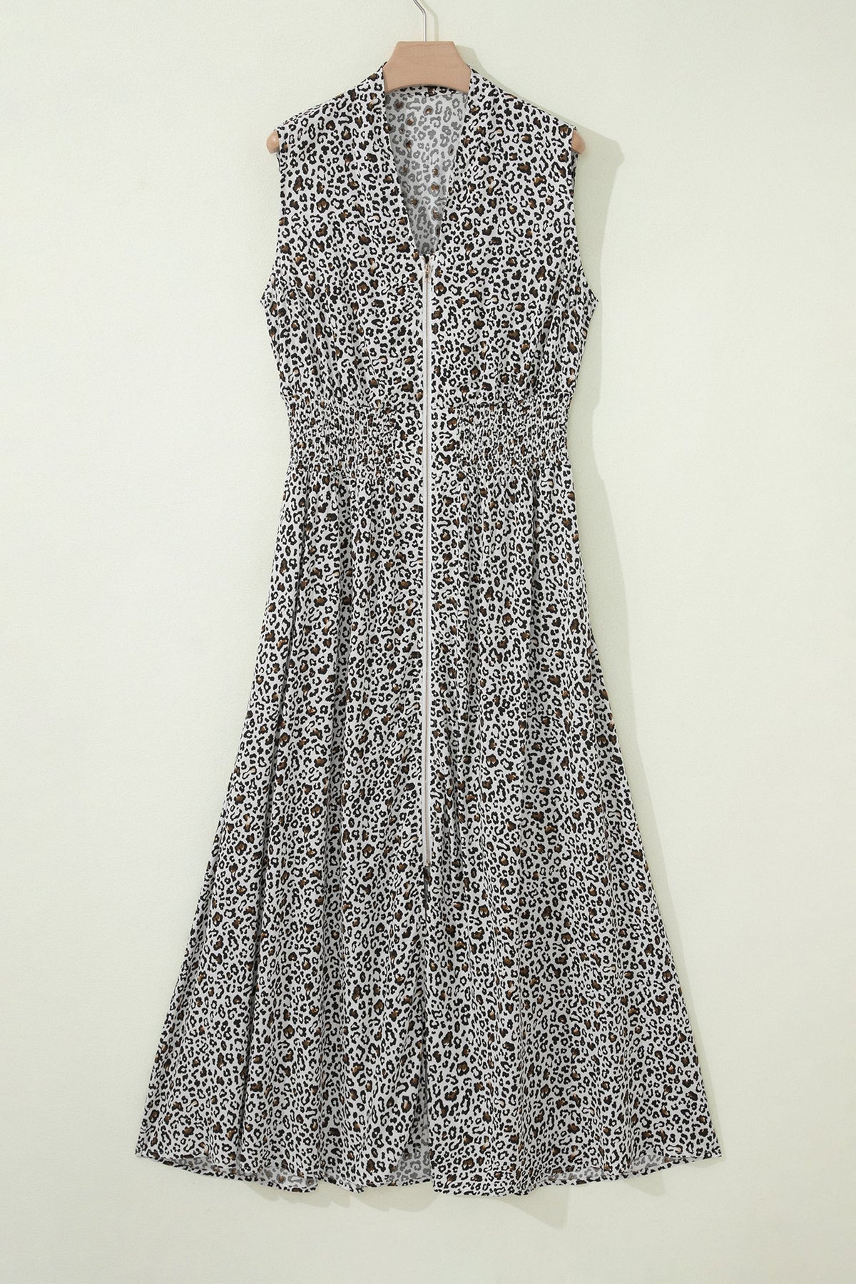 Leopard Zip Up V-Neck Cinched Waist Maxi Dress
