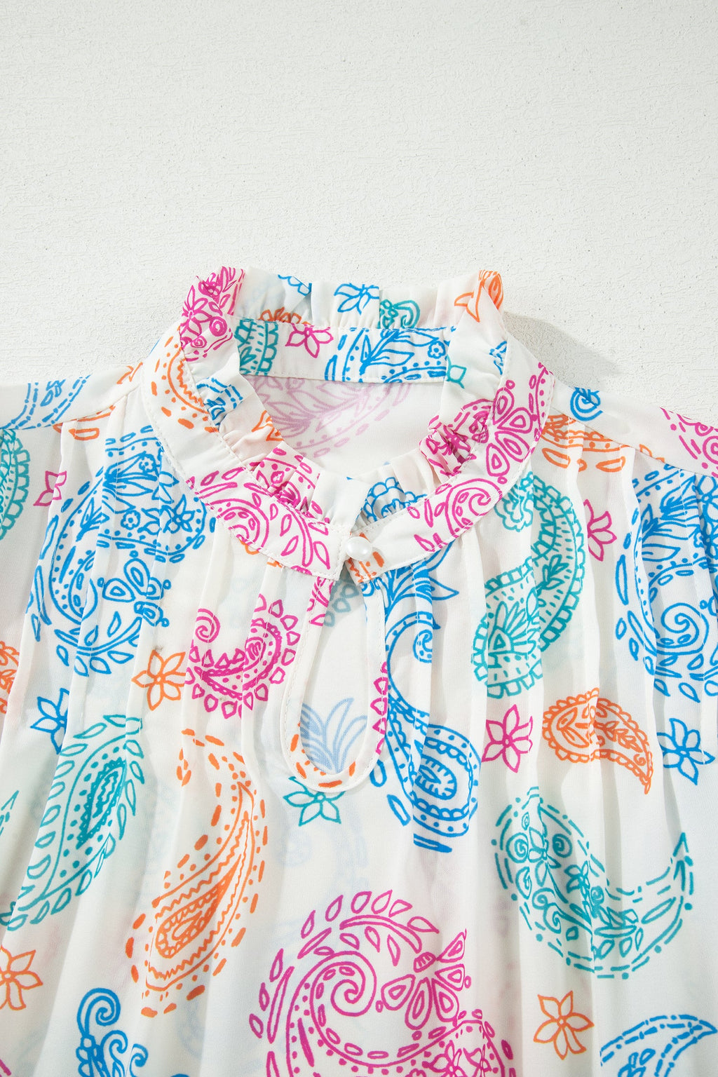 Paisley Button Keyhole Puff Sleeve Blouse