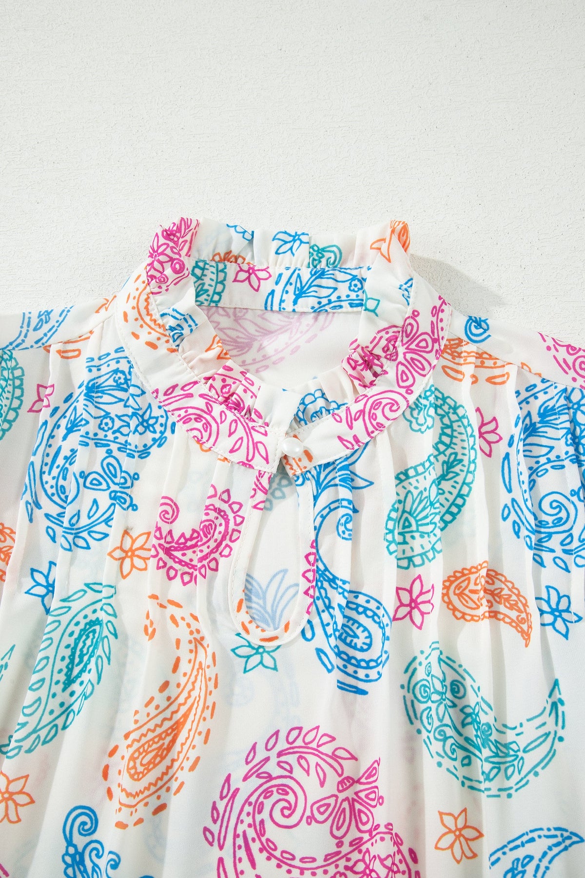 Paisley Button Keyhole Puff Sleeve Blouse