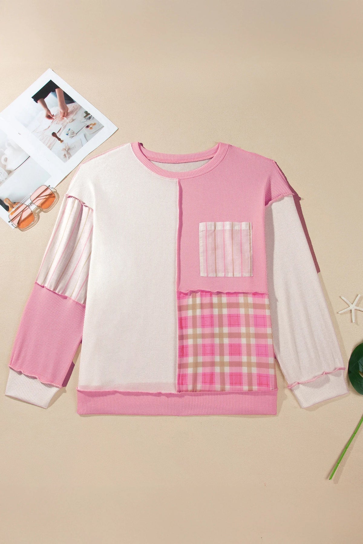 Plus Size Plaid Stripe Patchwork Long Sleeve Blouse