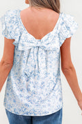 Floral Bow-Back Square Neck Ruffle Sleeve Blouse