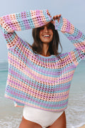 Stripe Open-Knit Beach Cover-Up Sweater