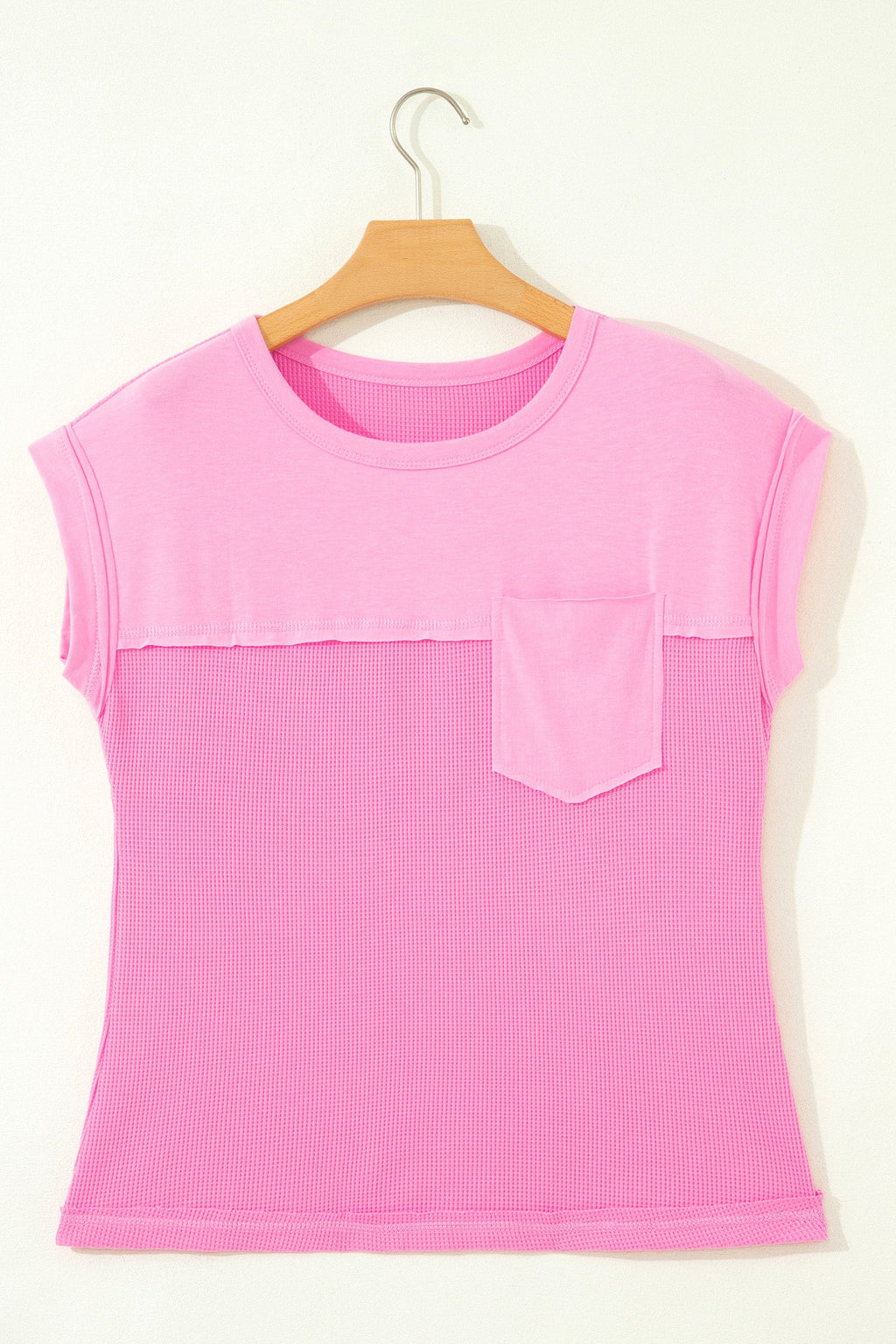 Waffle Patchwork Raw Seam Short Sleeve T-Shirt