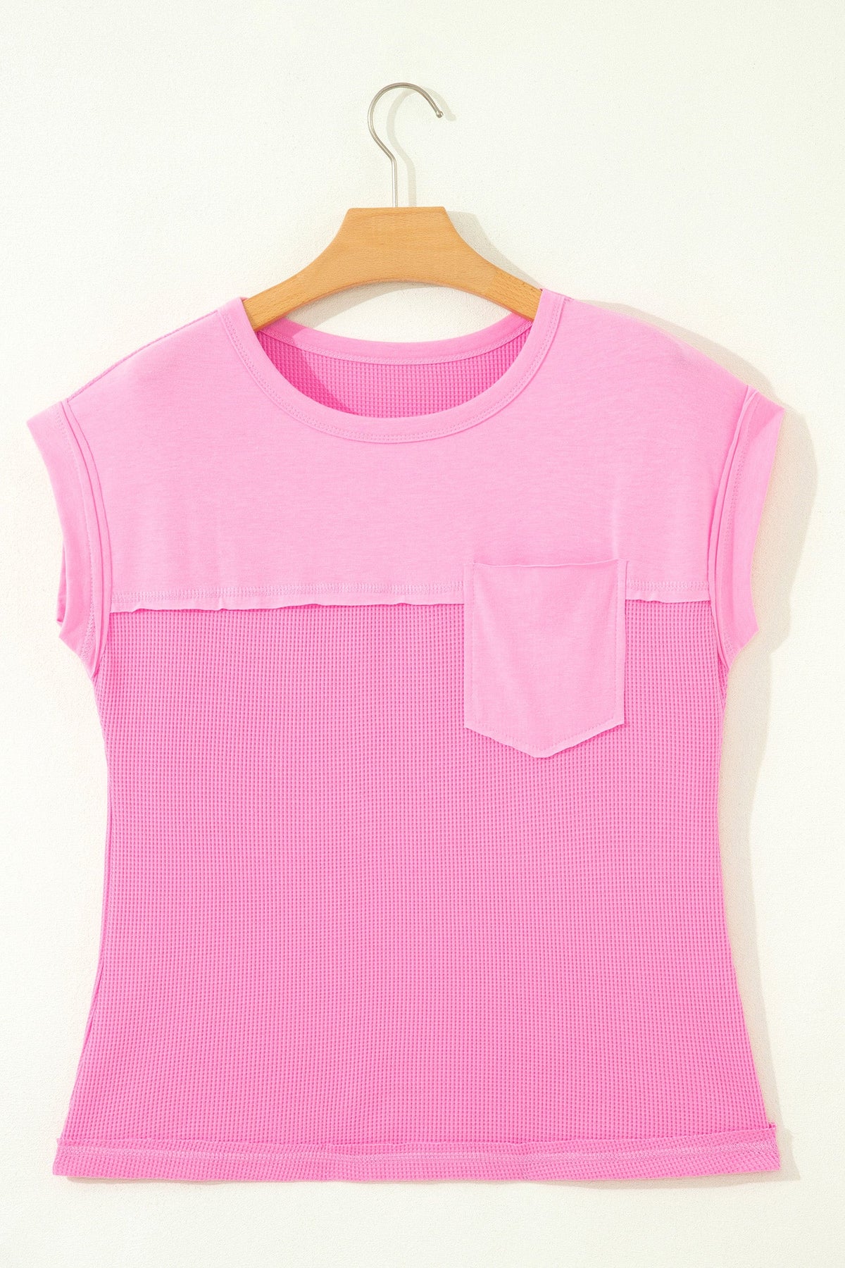 Waffle Patchwork Raw Seam Short Sleeve T-Shirt