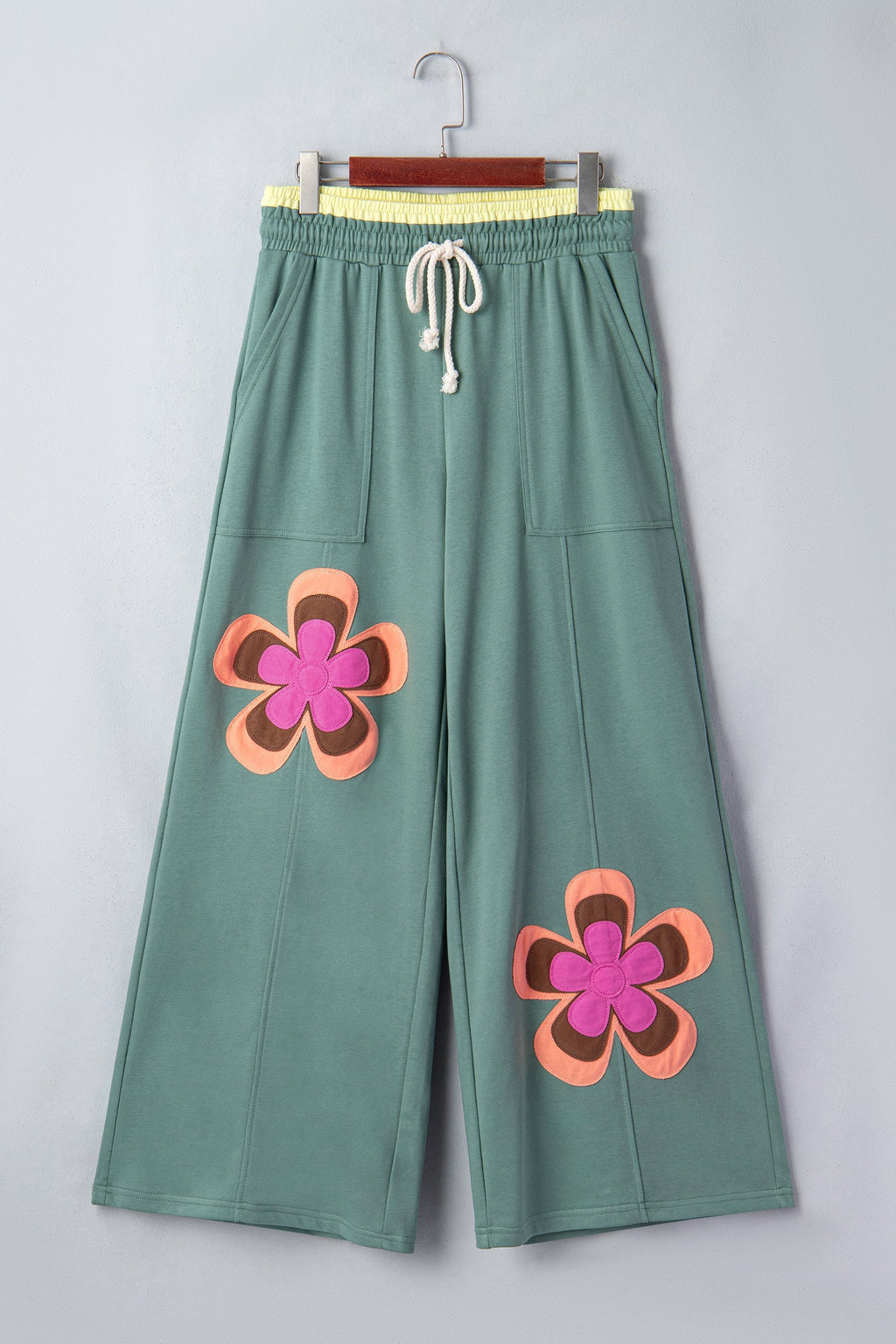 Colorblock Flower Patchwork Drawstring Wide Leg Pants