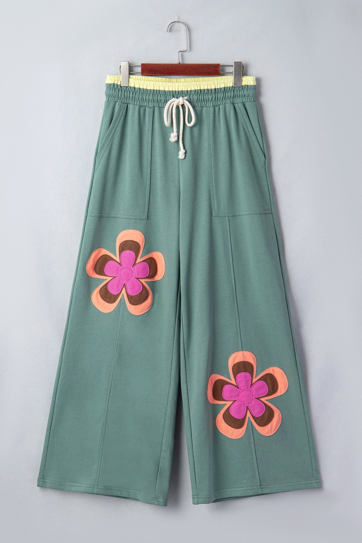 Colorblock Flower Patchwork Drawstring Wide Leg Pants