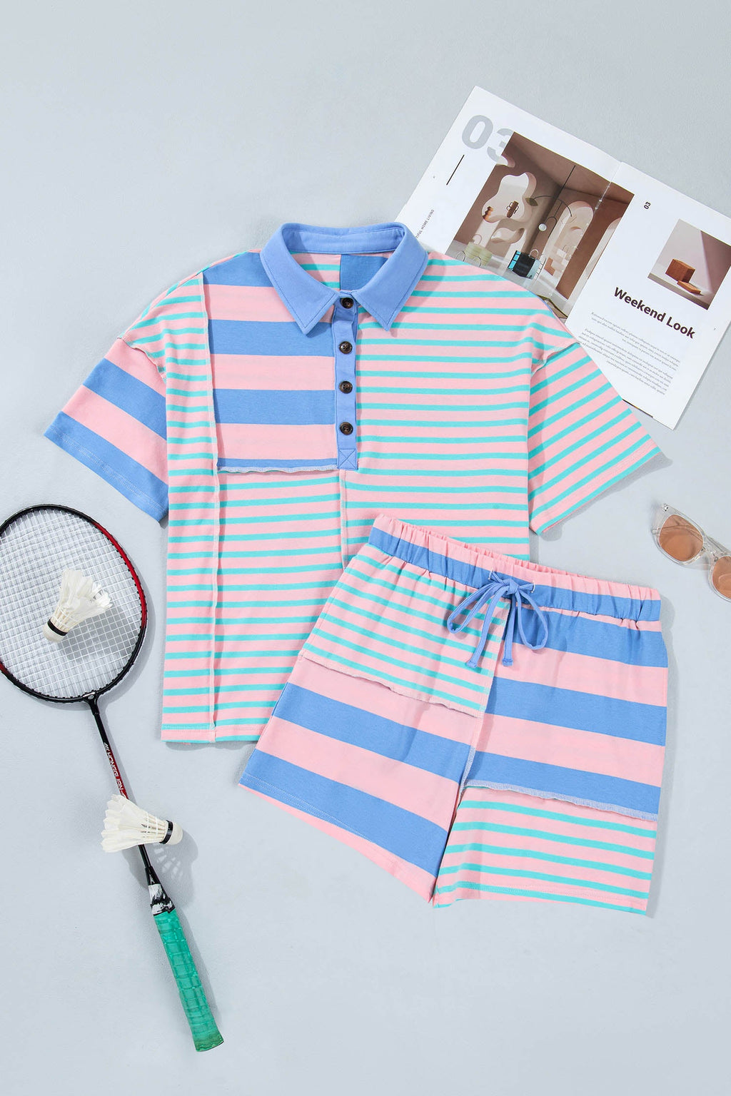 Stripe Patchwork Exposed Seam Top & Short Set