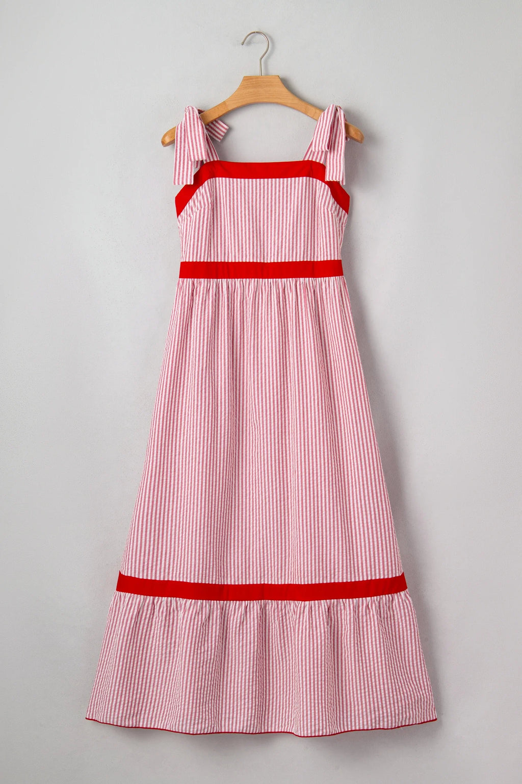 Stripe Bow Tie Straps Ruffle Hem Maxi Dress