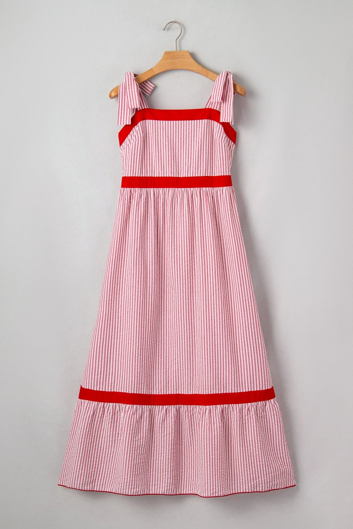 Stripe Bow Tie Straps Ruffle Hem Maxi Dress