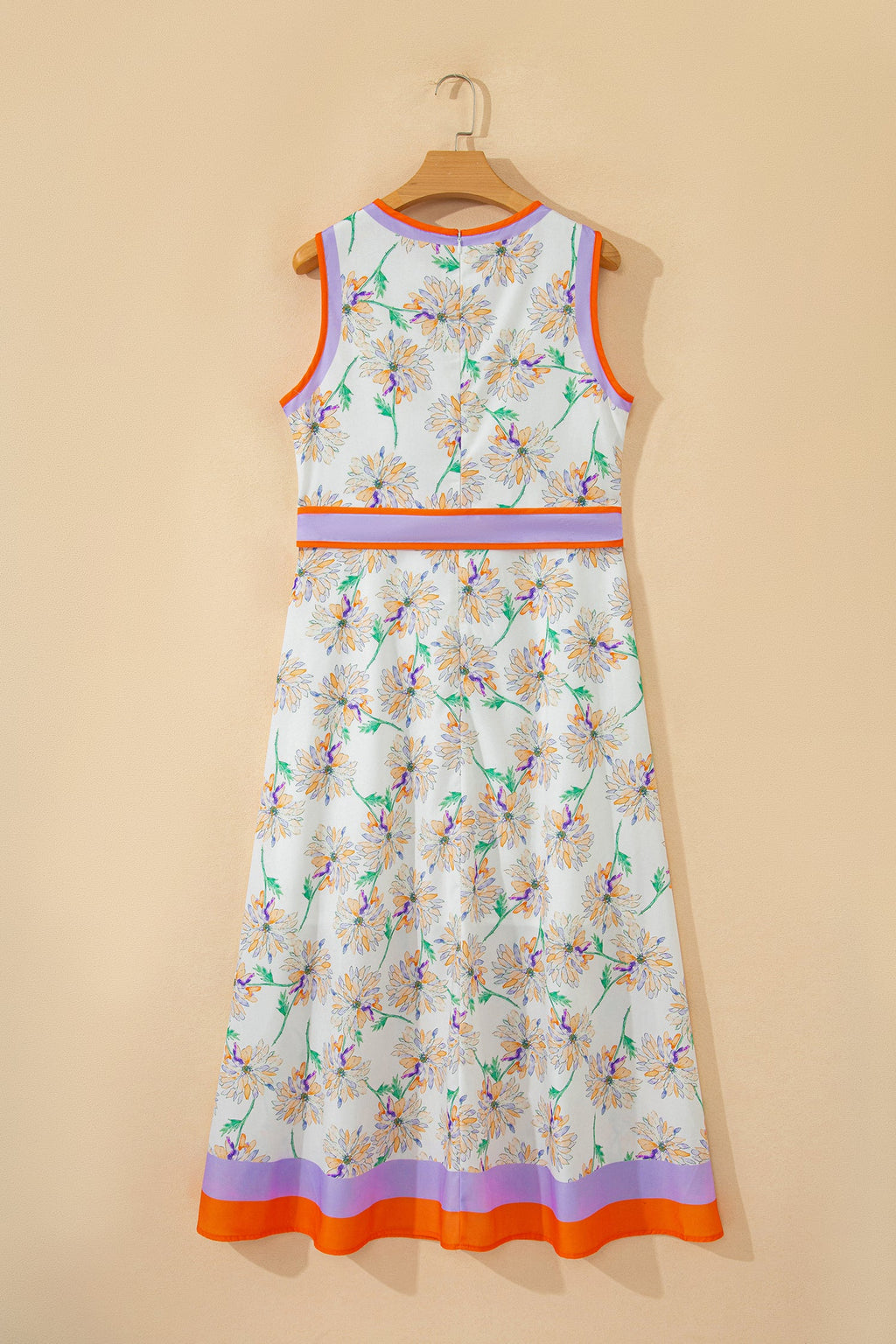 Floral Colorblock Trim Belted Sleeveless Maxi Dress
