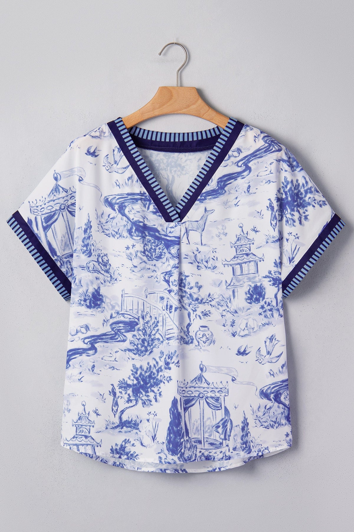 Floral Animal Stripe Trim V-Neck Short Sleeve Blouse