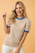 Stripe Contrast Trim Short Puff Sleeve Tee