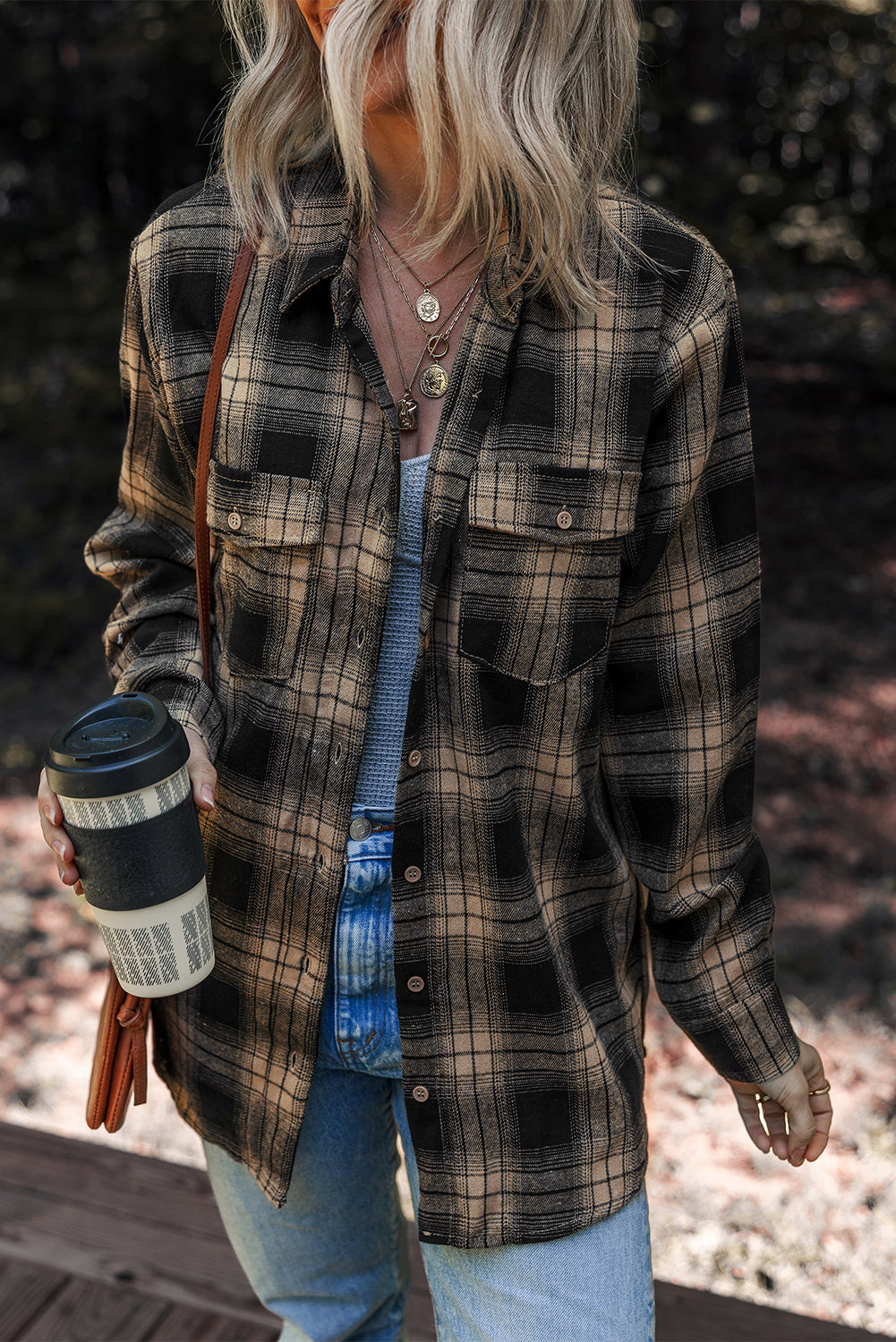 Plaid Double Flap Pocket Brushed Shacket