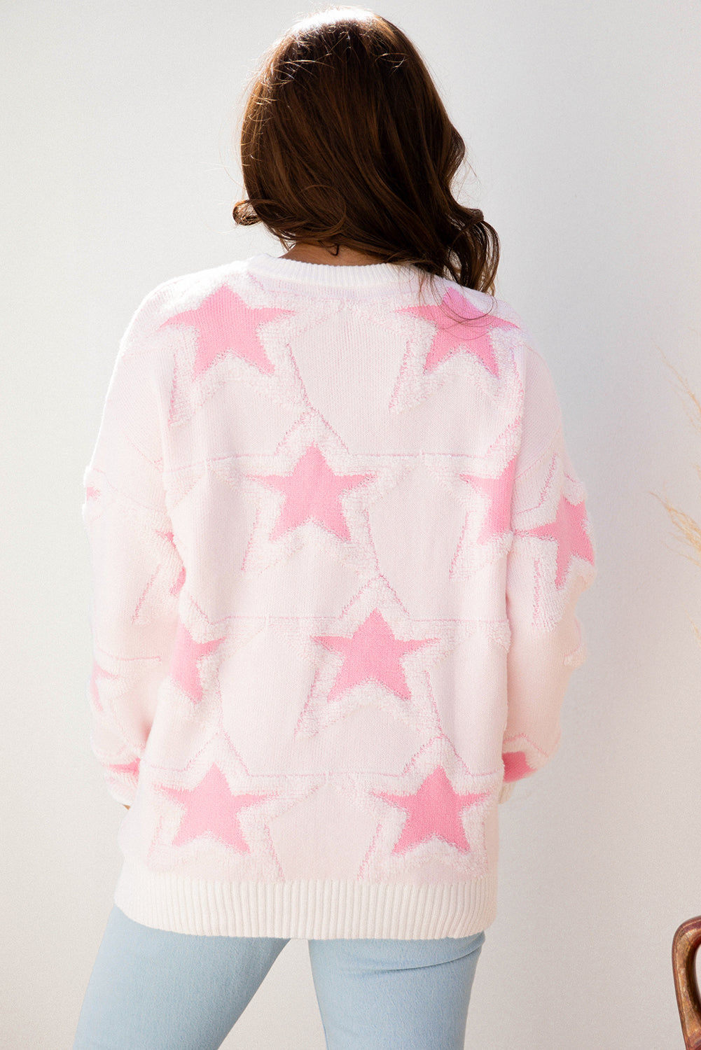 Star Ribbed Trim Drop Shoulder Oversized Sweater
