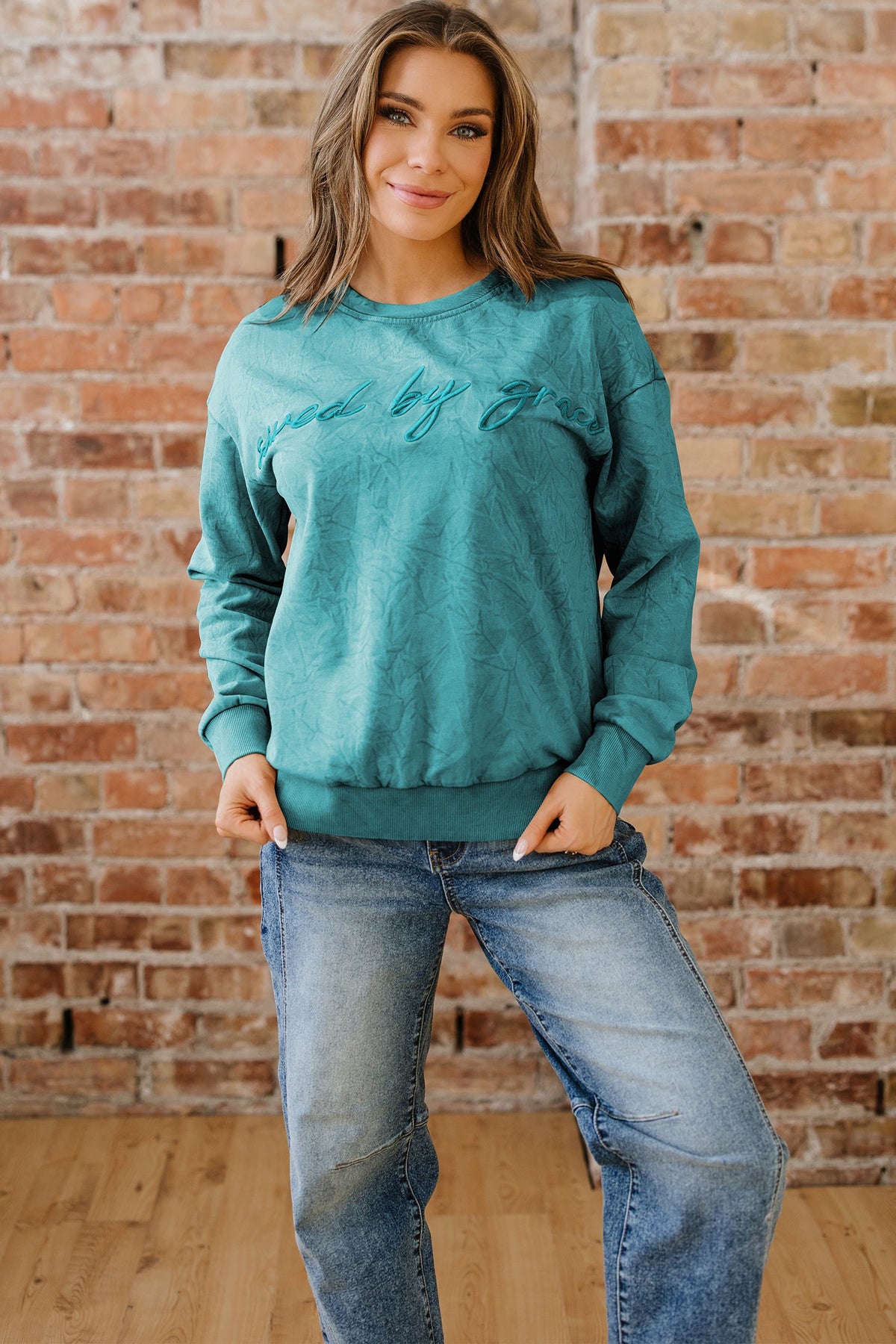 Saved by Grace Embroidered Mineral Wash Loose Sweatshirt