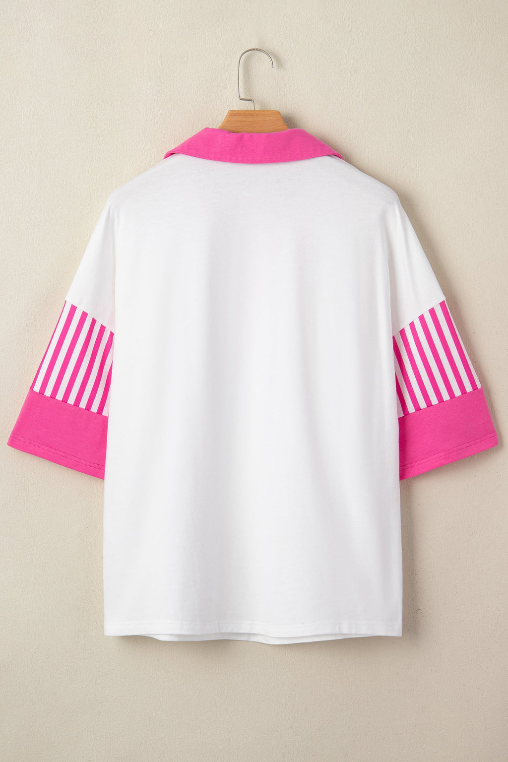 Stripe Coloblock Patchwork Polo Collar 3/4 Sleeve Tee