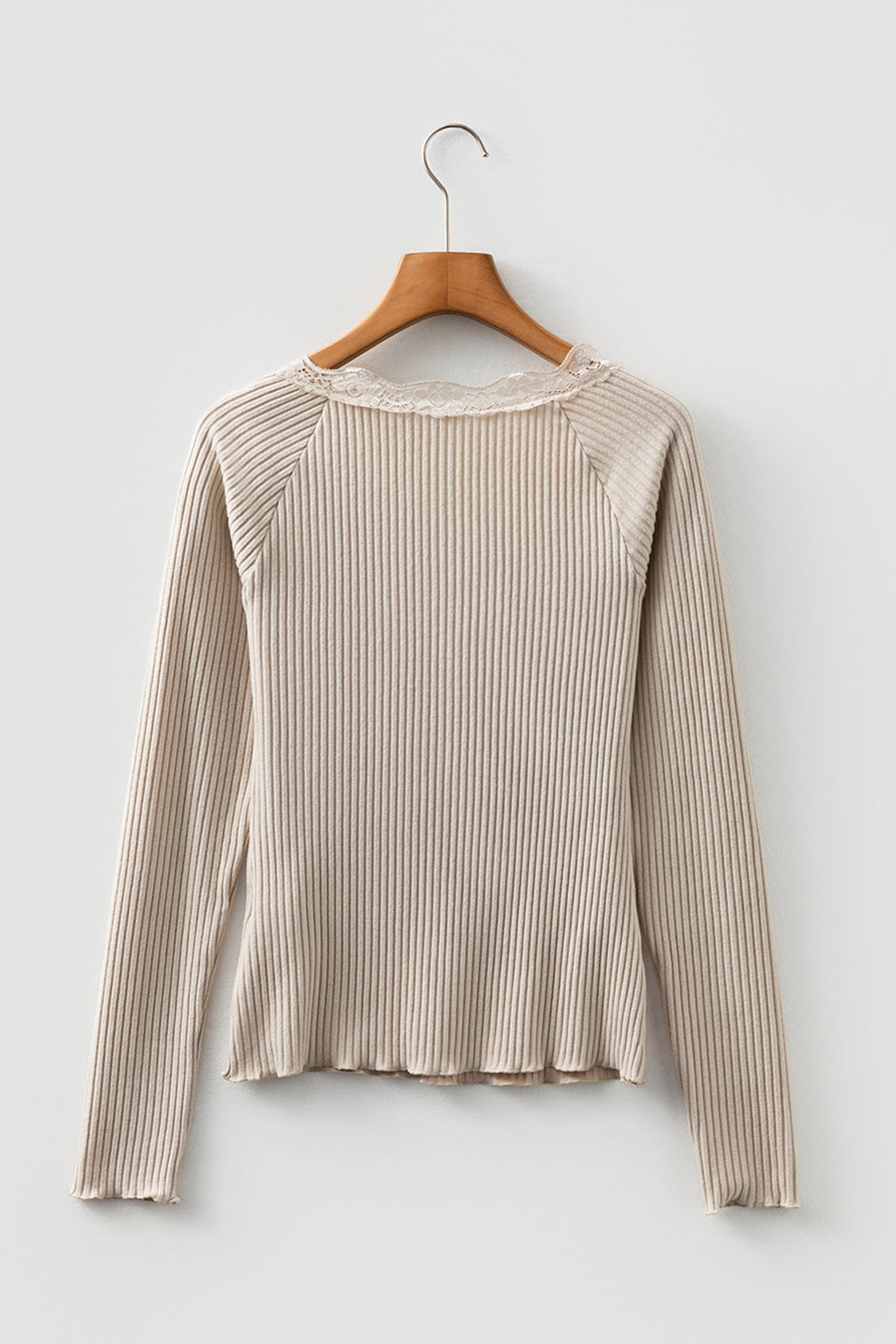 Solid Ribbed Lace Neckline Long Sleeve Top