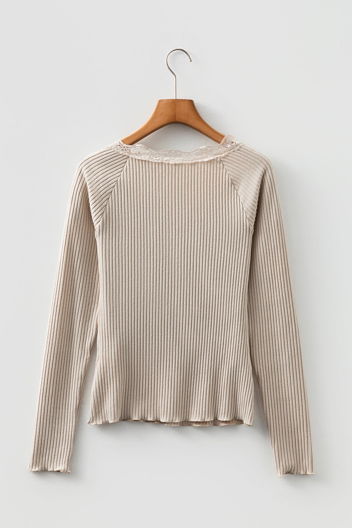 Solid Ribbed Lace Neckline Long Sleeve Top