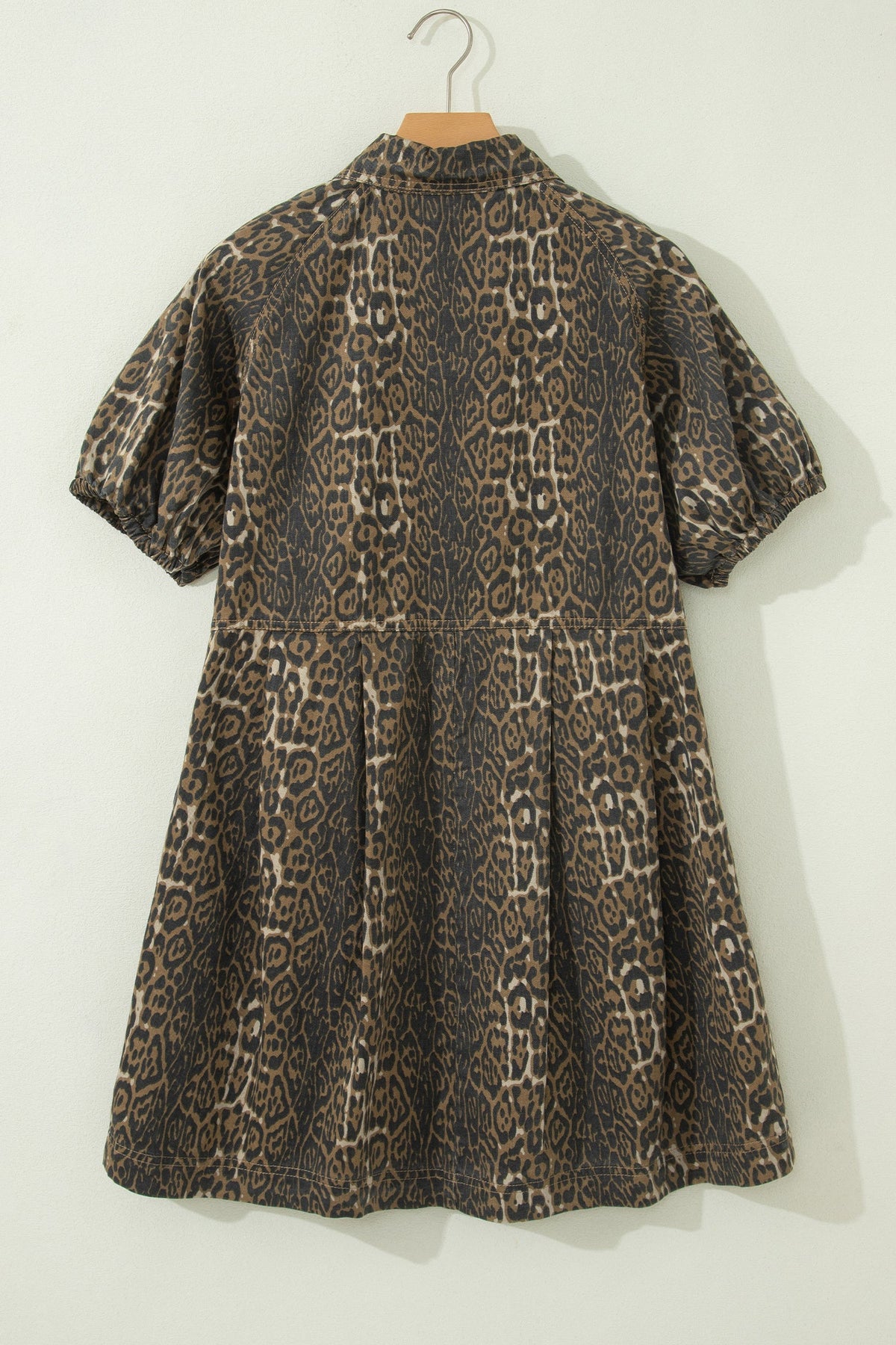 Leopard Denim Short Sleeve Pleated Mini Dress
