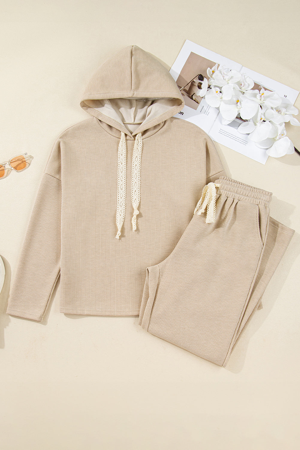 Solid Corduroy Contrast Drawstring Hoodie & Pants Set