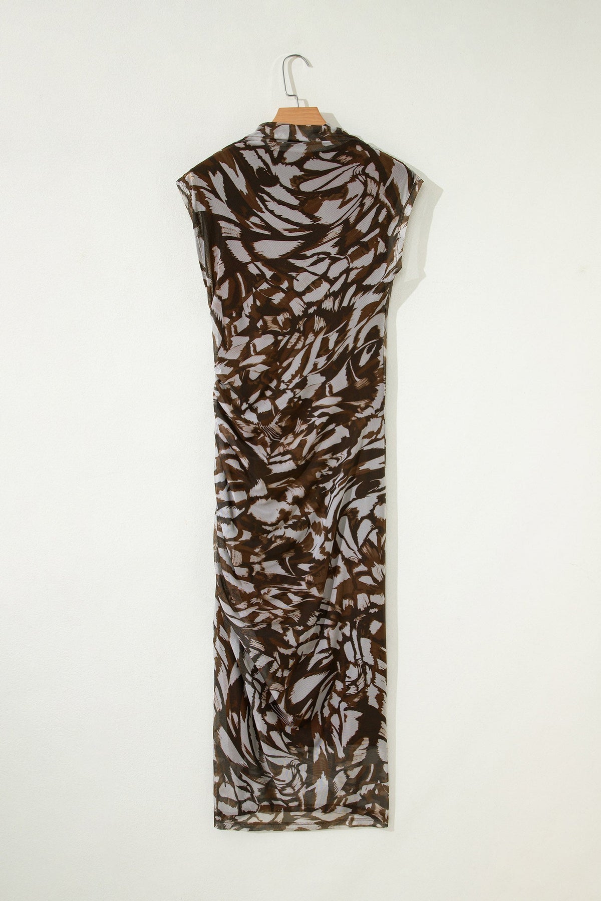 Abstract Mesh Cowl Neck Ruched Slit Midi Dress