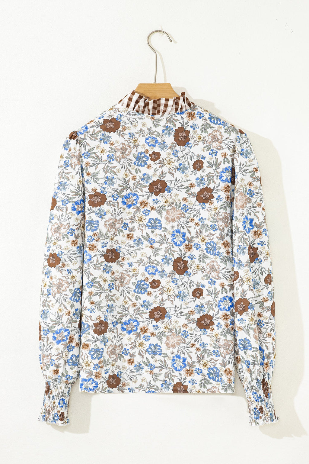 Floral Gingham Plaid Frilled Trim Long Sleeve Blouse