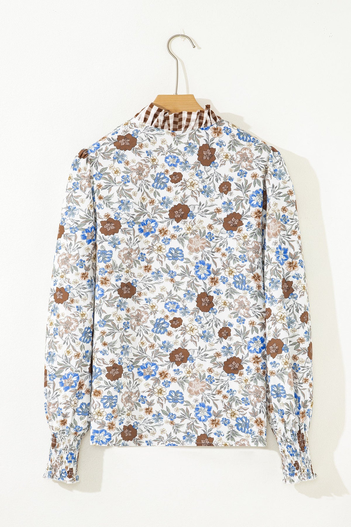 Floral Gingham Plaid Frilled Trim Long Sleeve Blouse