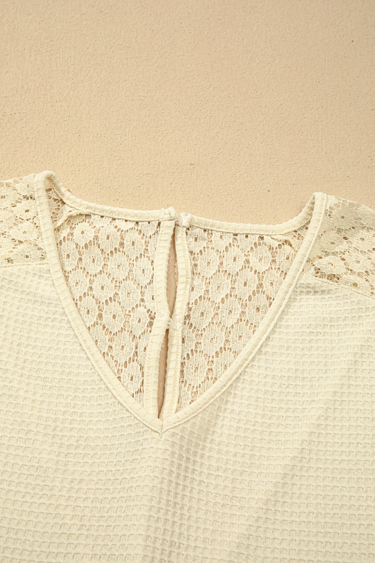 Lace Patchwork Buttoned Cutout Waffle Knit Blouse