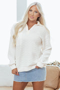 Textured Knit Collared V-Neck Pullover Sweatshirt