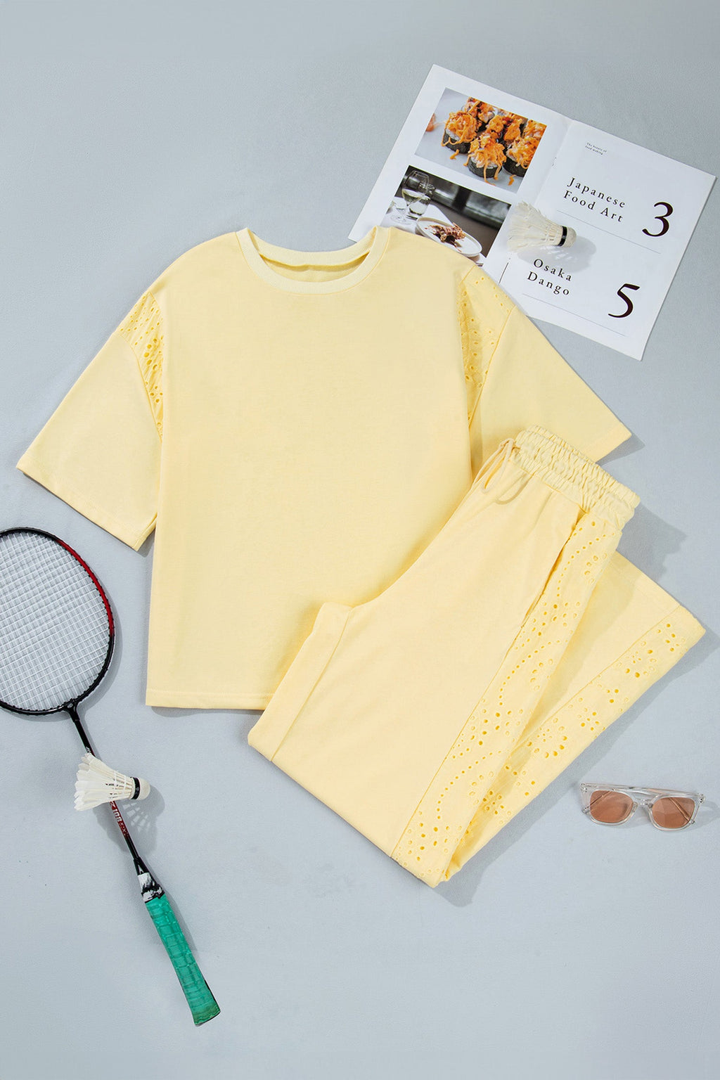 Solid Embroidered Eyelet Patchwork Top & Pants Set